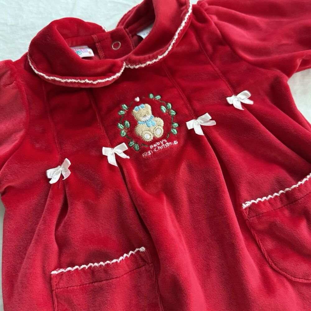 Vtg Footed Romper Red Teddy Bear Baby's 1st Christmas Baby Embroidered Sz 3-6M - Picture 3 of 7
